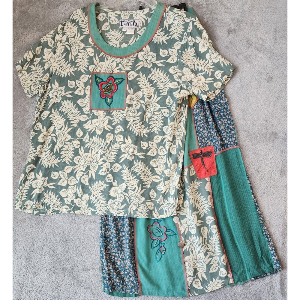 Faith Skirt Set Womens Large Green Floral Patchwork Boho Artsy 90s Vintage